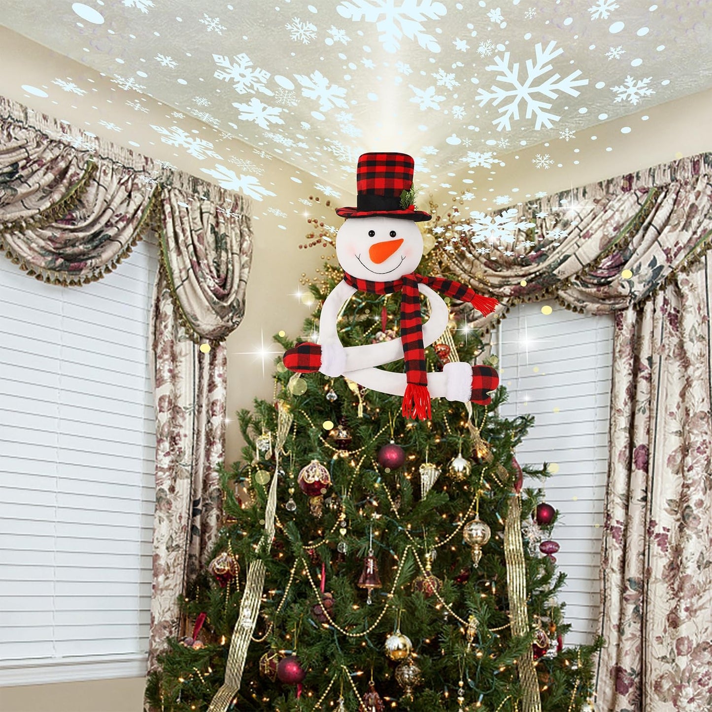 Juegoal Christmas Snowman Tree Topper with Built-in Snowflakes LED Projector, Plush Top Hat Snowmen Treetop Hugger with Rotating Magic Snow, Xmas Tree Ornament Holiday Winter Home Party Decorations