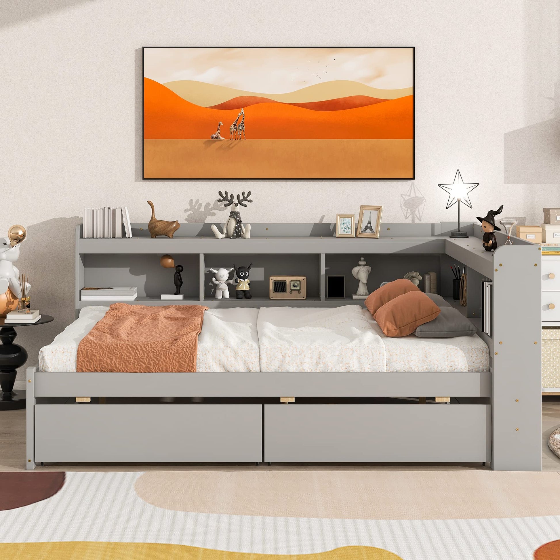 JIVOIT Full Size Captain Platform Bed with L-Shaped Bookcases and Dual Storage Drawers in Gray - WoodArtSupply