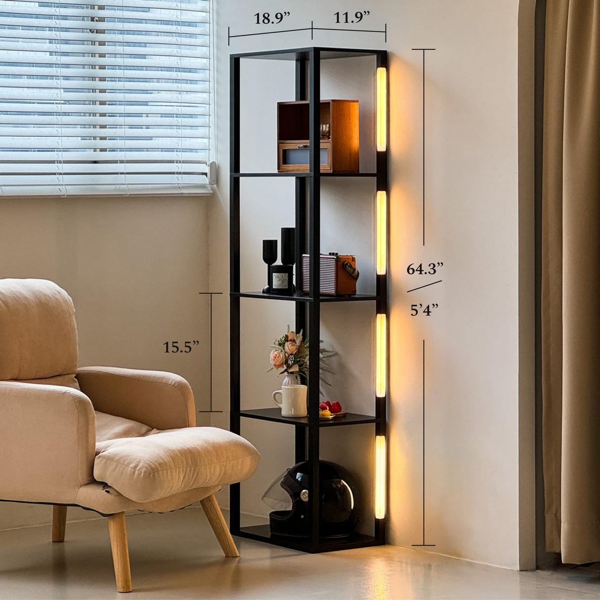 FENLO Fancy - LED Display Shelf with Dimmable Lights, LED Shelf Floor Lamps for Living Room, Sturdy Corner Shelf Curio Cabinet Display, Tall Floor Lamps with Shelves FENLO