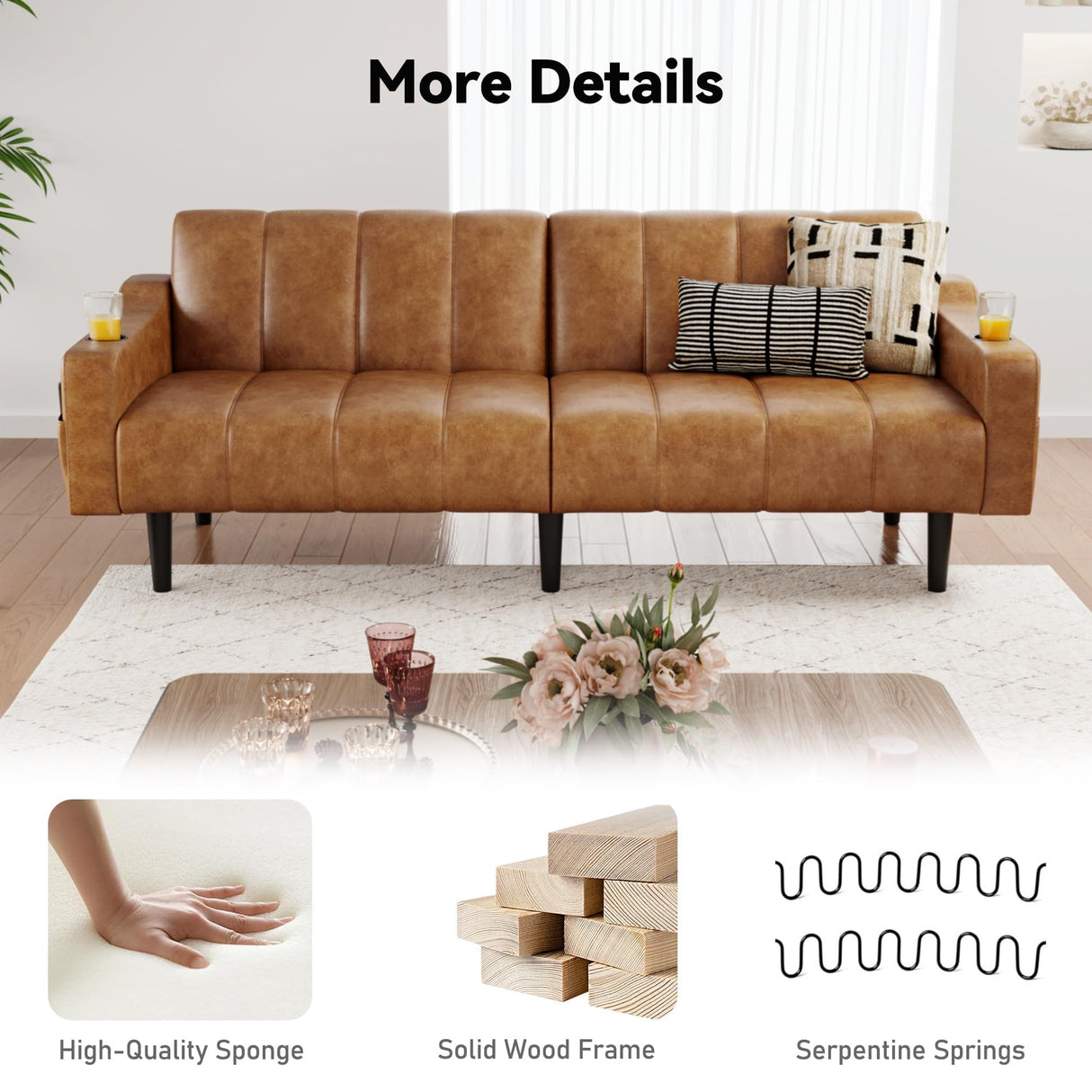 Chfeloai 80'' Futon Sofa Bed, Faux Leather Sleeper Couch, Convertible Loveseat with Adjustable Sofa Backrest, Modern Couches for Living Room, Bed Room, Apartment, Office (Brown) Chfeloai