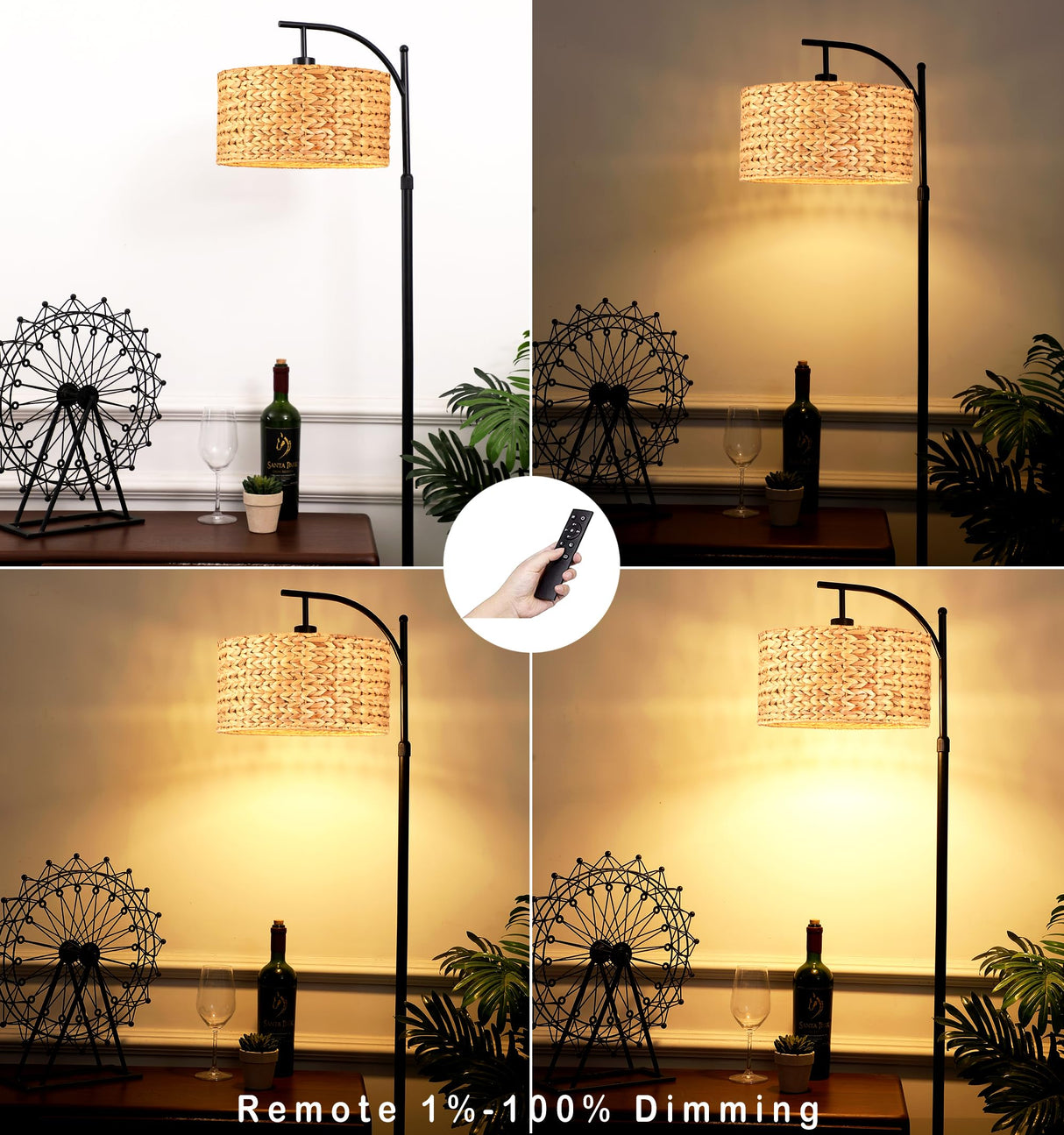 QIYIZM Floor Lamp for Living Room Bedroom Farmhouse Arc Rattan Boho Standing Lamp with Remote Dimmable Black Wicker Bamboo Lamp Shade Floor Light Adjustable Tall Lamp Industrial Floor Lamps Bohemian QIYIZM