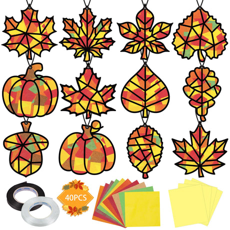 Renbuzhu 40PCS Fall Crafts Bulk: Leaves Pumpkins Paper Suncatchers DIY Kit for Autumn Thanksgiving Activities Decorations, Window Stained Glass Effect Art Supplies(Black Frame) Renbuzhu