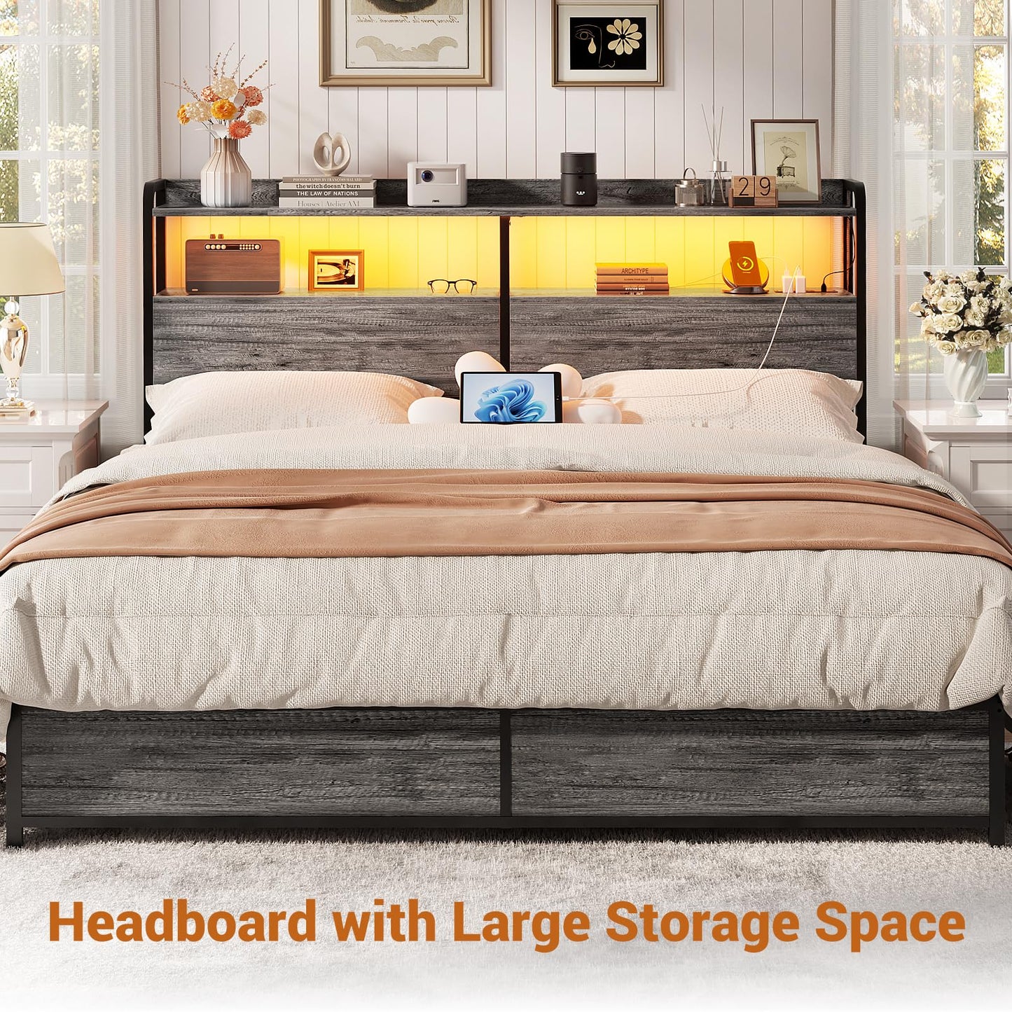 Aheaplus Queen Size Headboard with USB Ports, Outlets, LED Lights & Storage – Adjustable Black Oak Design - WoodArtSupply