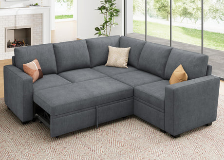 HONBAY Modular Sectional Sleeper Sofa with Pull Out Bed, Chenille L Shaped Couch with Storage Seats, Convertible Sectional Couches for Living Room, Bluish Grey HONBAY