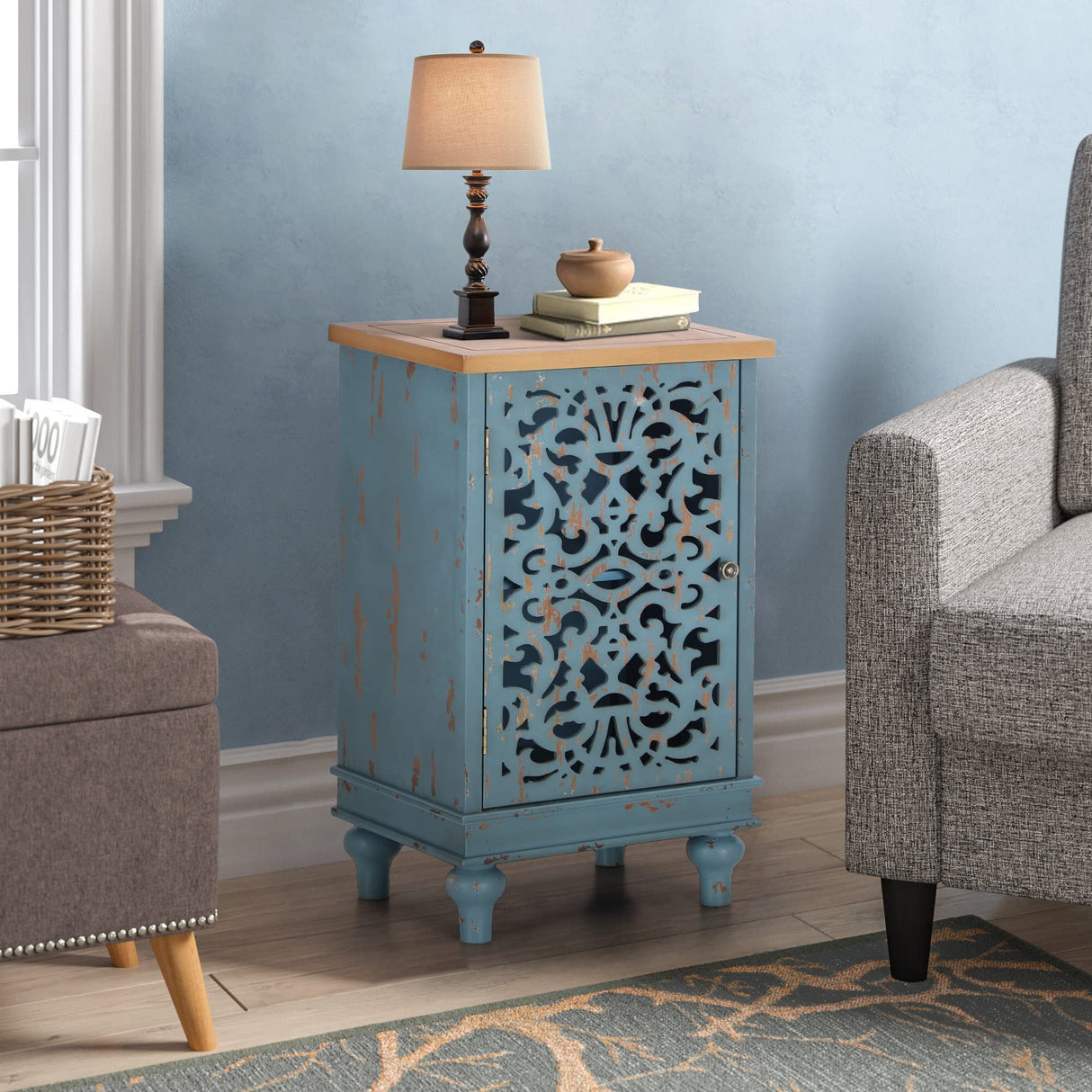 PHI VILLA Small Accent Storage Cabinet with Single Door - Decorative Nightstand for Living Room Bedroom, End Side Table Cabinet Blue PHI VILLA
