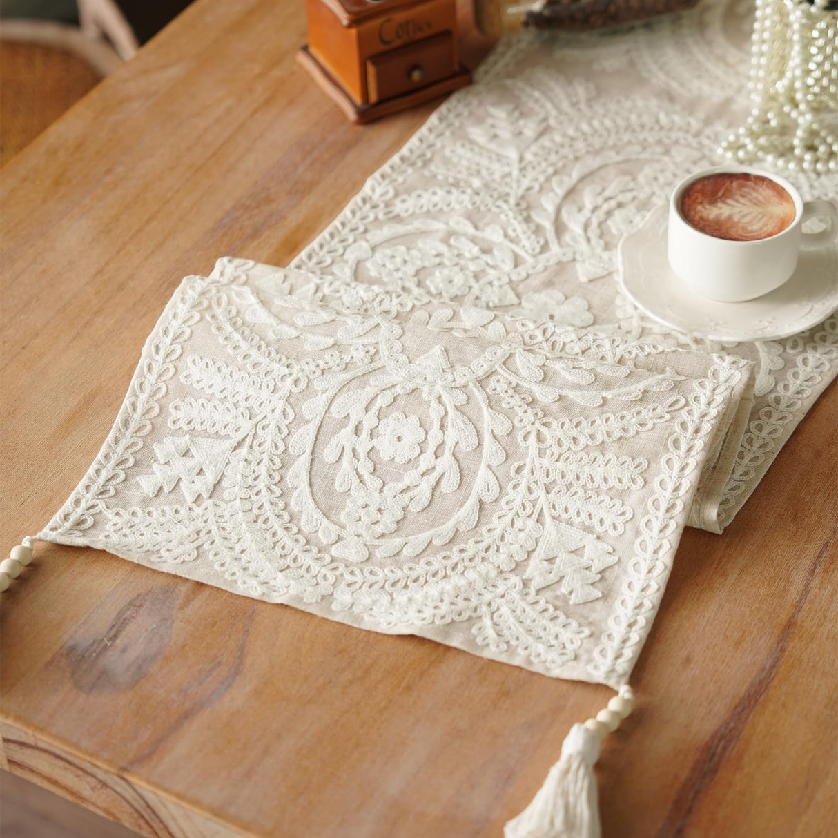 Artbloss Embroidered Table Runner Boho Farmhouse Dresser Scarf Macrame Rustic Lace Doily with Tassel for Kitchen Indoor Outdoor Fireplace (Beige, 14 x 56 Inches) Artbloss