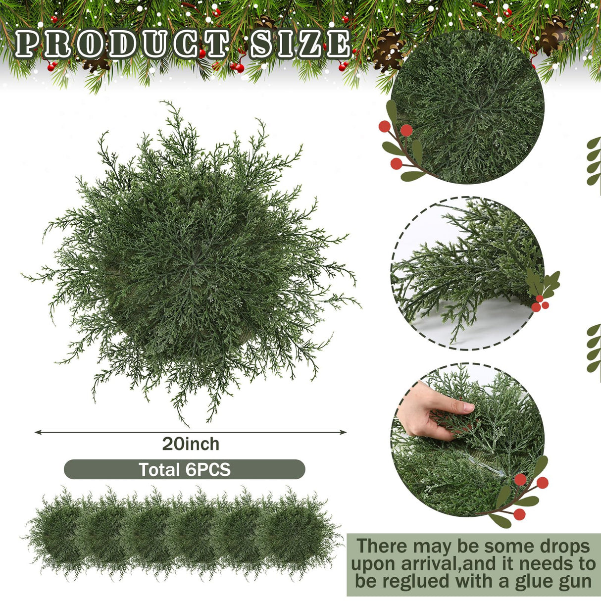 6 Pcs Christmas Pine Placemats 20 Inch Artificial Greenery Placemats Round Cedar Branch Place Mat Dining Table Mats for Xmas Party Decorations Holiday Reallnaive