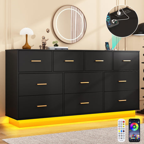 chartustriable Black 10 Drawers Dresser w/Power Outlet,60000-Colors Lights for Kids Bedroom,Modern 63In Long Dresser for Closet,Wooden Tall Dressesrs w/Large Storage for Entryway,Hallway chartustriable