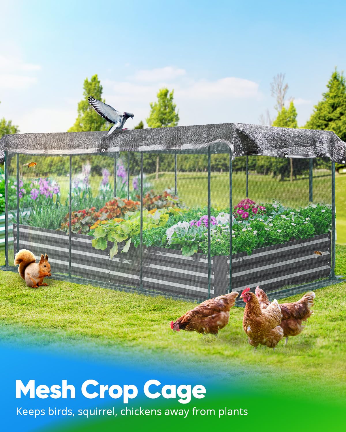 Quictent Galvanized Raised Garden Bed with Crop Cage Plant Protection Net Tent and Shade Cloth Kit Metal Planter Box Bottomless Planting Vegetables Outdoor Backyard Included T Tags Wing Nuts 8x4x1 Ft Quictent