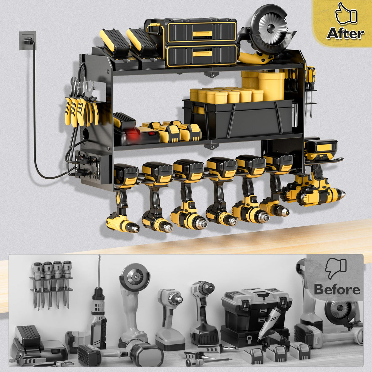Power Tool Organizer Wall Mount with Charging Station, Cordless Drill and Battery Holder Shelf for Garage Organization,Heavy Duty Metal Tool Rack Storage, Load 300lbs, Built in 5 Outlet Power Strip massooan