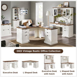 OKD 60" Executive Desk with Drawers, Farmhouse Home Office Desk with Charging Station, Keyboard Tray, File Cabinet Storage, Wood Computer Desk for Work and Study, Antique White OKD