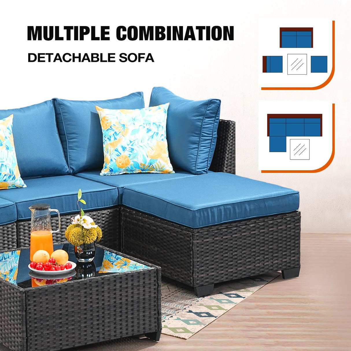 JOYURE 5 Pieces Patio Furniture Set All-Weather Outdoor Wicker Sectional Conversation Sofa Rattan Patio Seating Sofa with Cushion and Glass Table and Ottoman for Porch Poolside,Peacock Blue JOYURE