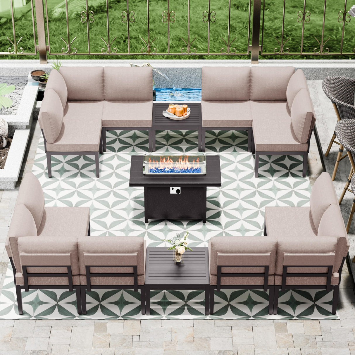 ASJMR Patio Furniture Set,15 Pieces Modern Outdoor Conversation Set w/43in Gas Fire Pit Table, Outdoor Metal Sectional Sofa with 55000 BTU Propane Fire Pit ASJMR