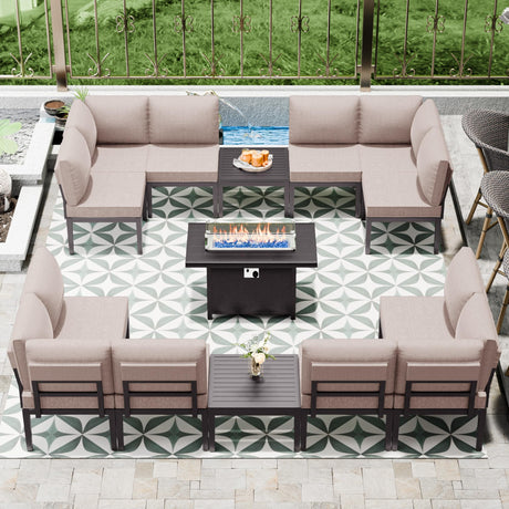 ASJMR Patio Furniture Set,15 Pieces Modern Outdoor Conversation Set w/43in Gas Fire Pit Table, Outdoor Metal Sectional Sofa with 55000 BTU Propane Fire Pit ASJMR