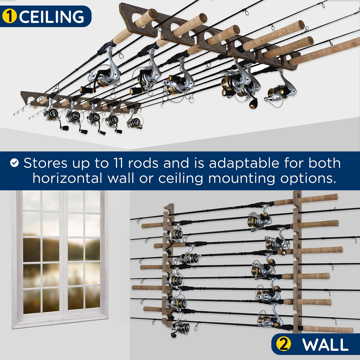 Rush Creek Creations | Fishing Rod Holder for 11 Rods, Fishing Pole Holder for Garage Organization and Wall Storage, for Fishing Gear and Fishing Accessories (Vertical Fishing Rod Rack) Rush Creek Creations
