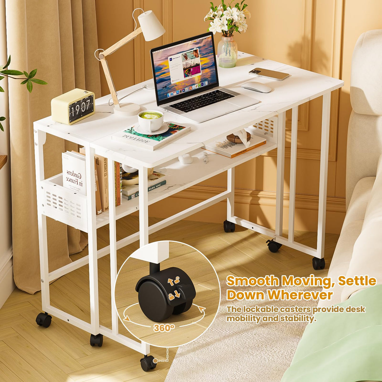 Gezen Folding Desk with Storage Shelf, Small Rolling Desk with Wheels, Mobile Couch Desk Sofa Side Table Bed Desk for Home Office Small Space, White Marble, 31.5" Gezen