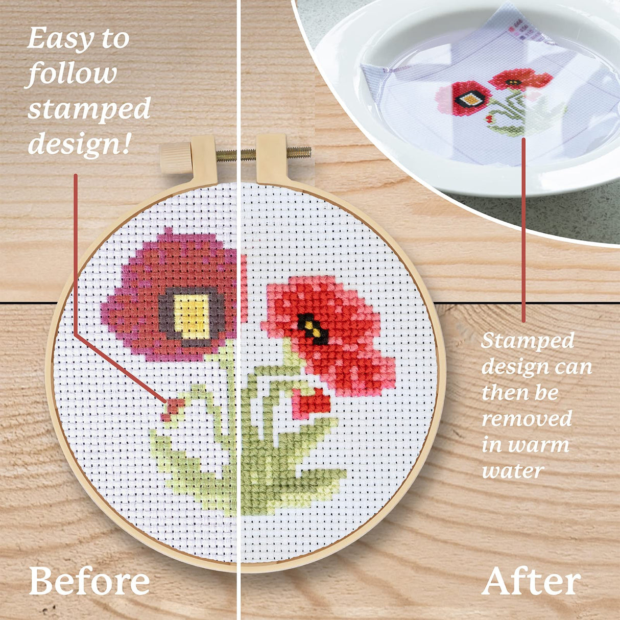 Kraftex Stamped Cross Stitch Kits for Beginners (Flower Theme - 6.75 Inch - 4 Pack 1 x Embroidery Hoop) Embroidery Needlepoint Patterns for Adults, Includes Poppy, Rose, Sunflower and Pansy Kraftex