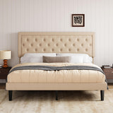 Allewie King Size Fabric Upholstered Bed Frame with Diamond Button Tufted/Adjustable Headboard/Wood Slat Support/Mattress Foundation/Beige Allewie