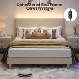 Bestier Queen Bed Frame with Adjustable Headboard, LED Lighting, Vertical Channel Tufted Corduroy Upholstered, Solid Wooden Slats Support, No Box Spring Needed, Never Squeaks, Easy Assembly, Taupe Bestier