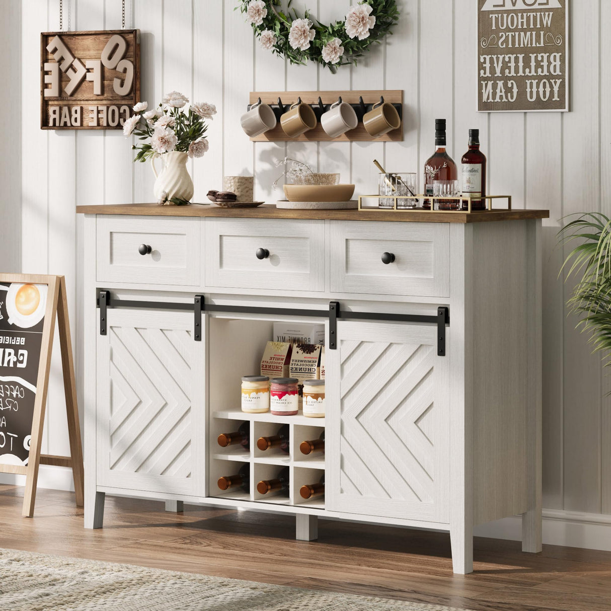 IDEALHOUSE 47.2'' Farmhouse Buffet Cabinet with Sliding Barn Door, 33.4'' Tall Wood Rustic Sideboard with 3 Drawer, Adjustable Shelf and Removable Wine Rack for Dining Room, Kitchen, White IDEALHOUSE