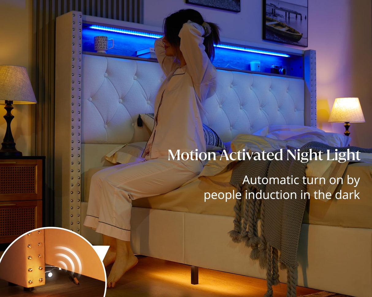 Jocisland Queen Size Bed Frame 53.6'' Tall Headboard LED Lights and Charging Station, Velvet High Upholstered Platform Bed Wingback Storage, No Box Spring Needed, No Motion Light Under Bed, Cream Jocisland