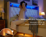 Jocisland Queen Size Bed Frame 53.6'' Tall Headboard LED Lights and Charging Station, Velvet High Upholstered Platform Bed Wingback Storage, No Box Spring Needed, No Motion Light Under Bed, Cream Jocisland