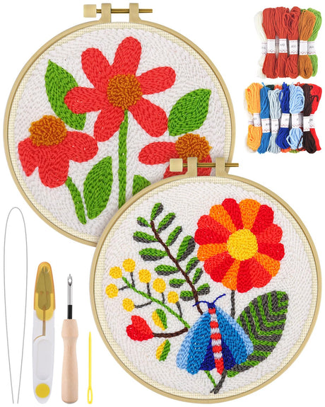 ERKOON Punch Needle Kit Adults Beginners, 2 Pcs DIY Easy Flower Embroidery Set for Starter Art Craft, Needling Punching Project with Patterns, Tools, Yarns, Hoop, Instruction (Safflower) ERKOON