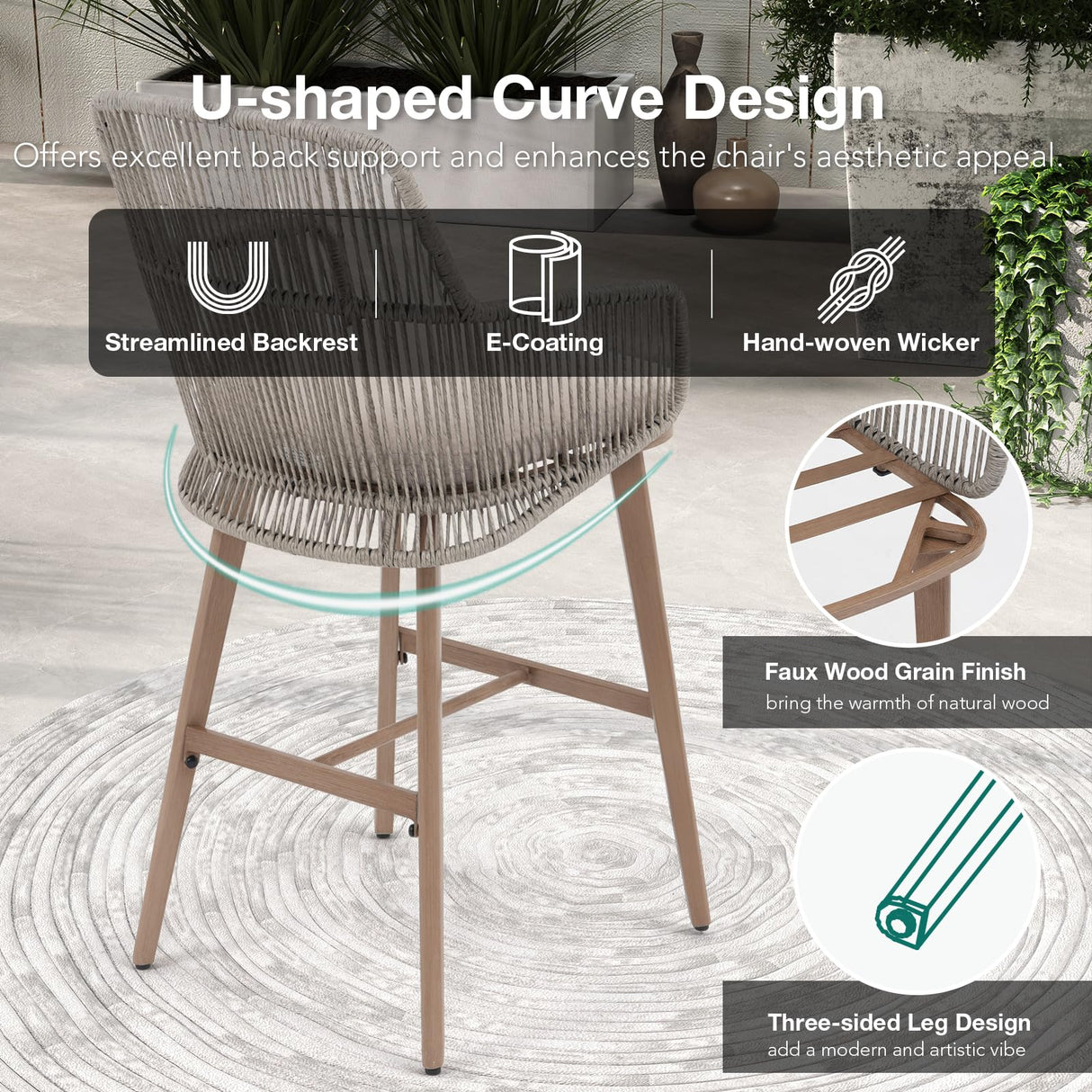 Patiorama Outdoor Bar Stools Set of 4, 46" Counter Height Bar Stools Chair w/Arm and Woven Rope Back, Rattan Bar Stool, Patio Metal Modern Wicker Bar Chairs for Kitchen Island,Pool, Wood Grain Finish Patiorama