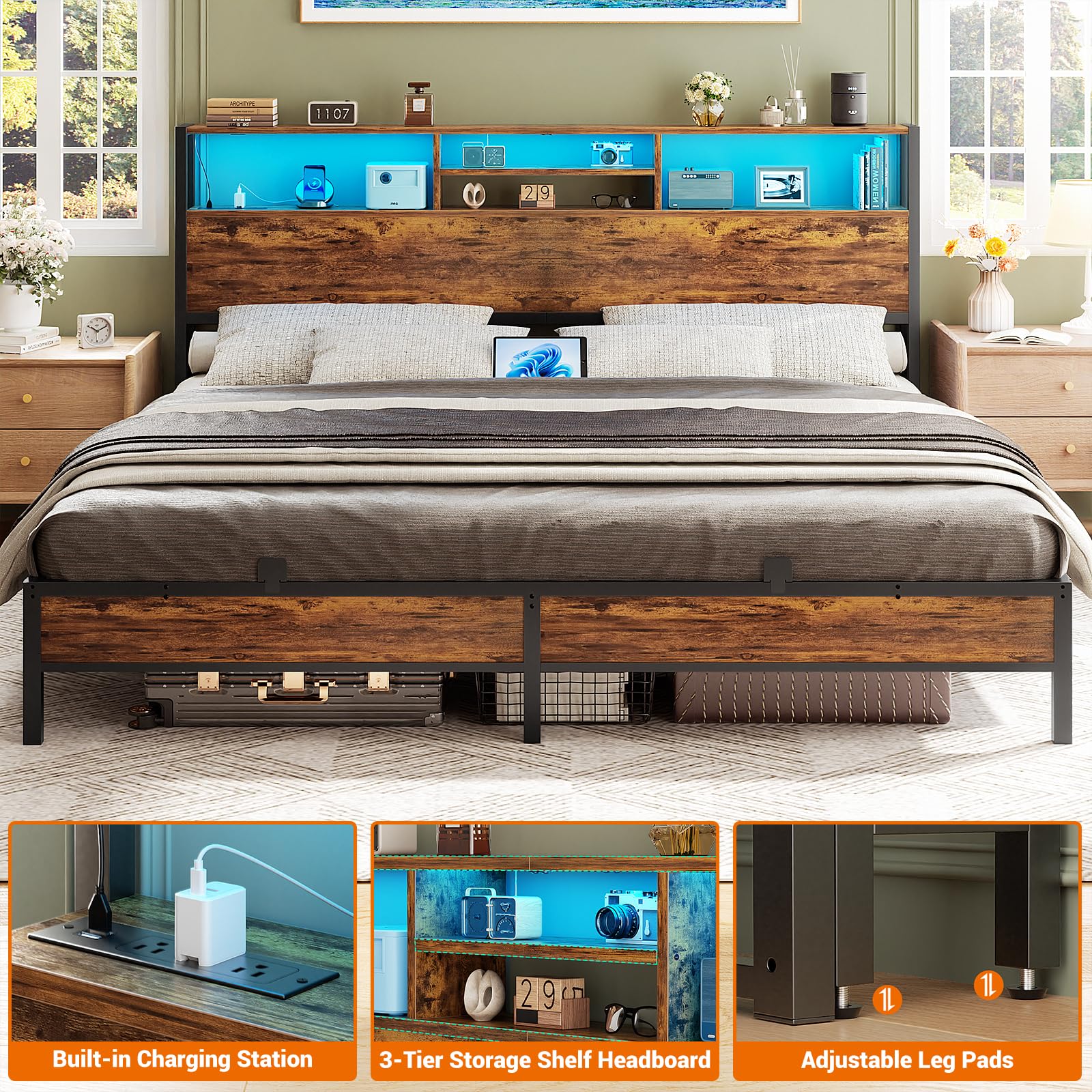 Aheaplus Rustic Brown King Size Headboard with Storage, USB Ports, LED Light and Adjustable Design - WoodArtSupply