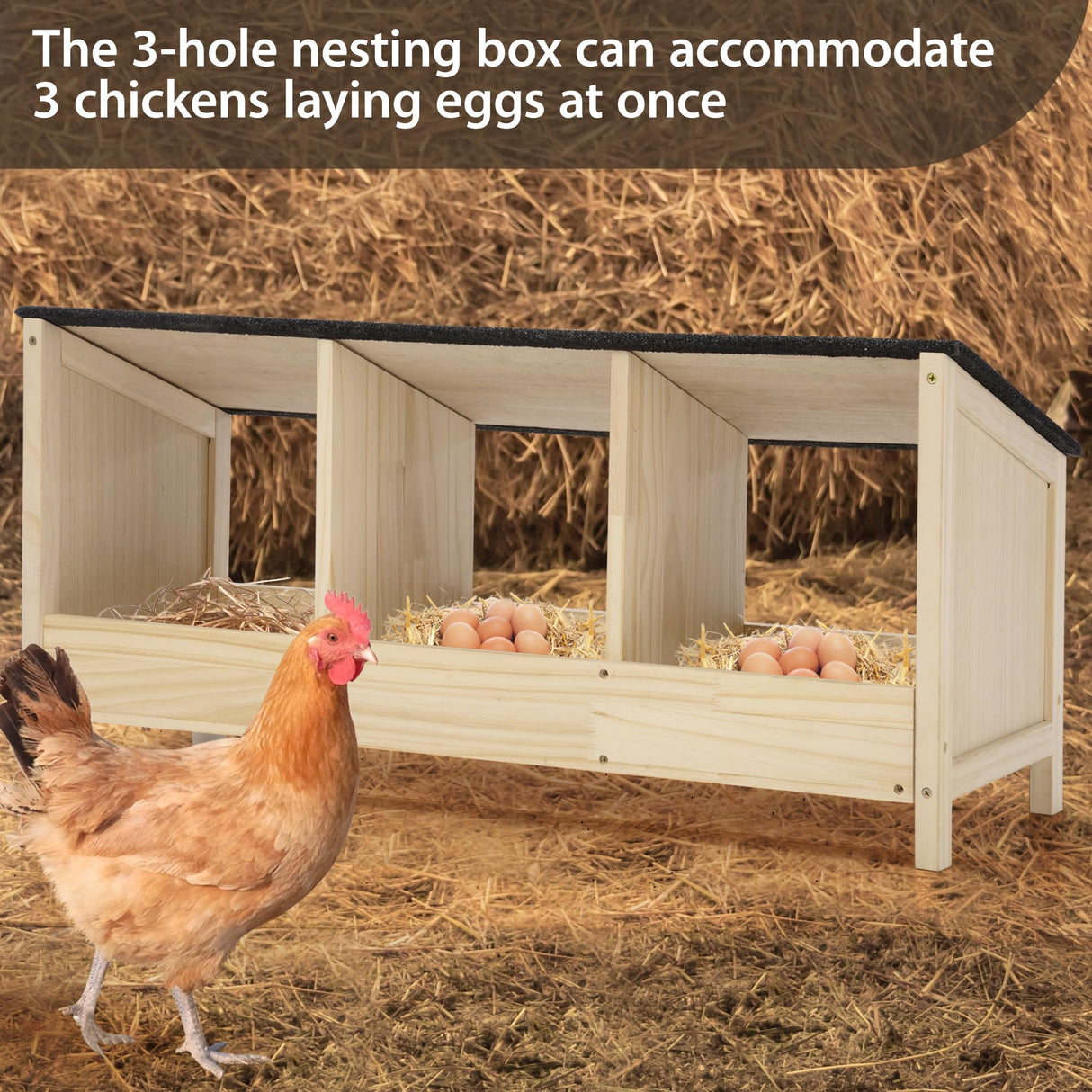 COZIWOW 3 Compartment Chicken Nesting Boxes, Chicken Laying Boxes with Asphalt Roof, Chicken Coop Accessories,Wood Nesting Boxes for Hen,Duck,Poultry,Bird,Dove COZIWOW