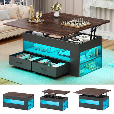 Itaar Lift Top Coffee Table, 4 in 1 Coffee Tables with Storage and Hidden Compartment, Farmhouse Coffee Table with 2 Fabric Drawers & LED Light for Living Room, Black Itaar