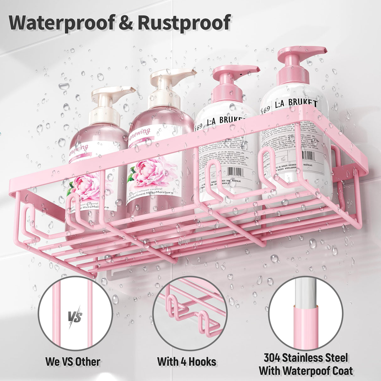 Liuoud 5 Pack Shower Caddy Organizer Rack Shelf for Inside Shower, Adhesive Bathroom Wall Storage Basket Rustproof Stainless Steel Shampoo Holder, Girly Bathroom Accessory Decor Set, Pink Liuoud