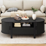 ONBRILL 47.2 Inch Oval Coffee Table with Storage, Mid Century Modern Coffee Table with Drawer, Center Table with Sliding Door and Wood Fluted Handle for Living Room, Black ONBRILL