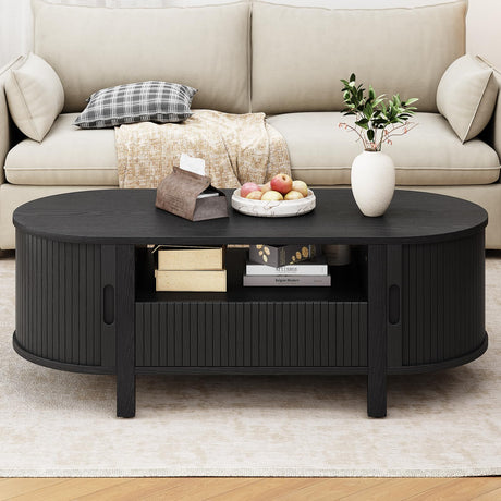ONBRILL 47.2 Inch Oval Coffee Table with Storage, Mid Century Modern Coffee Table with Drawer, Center Table with Sliding Door and Wood Fluted Handle for Living Room, Black ONBRILL