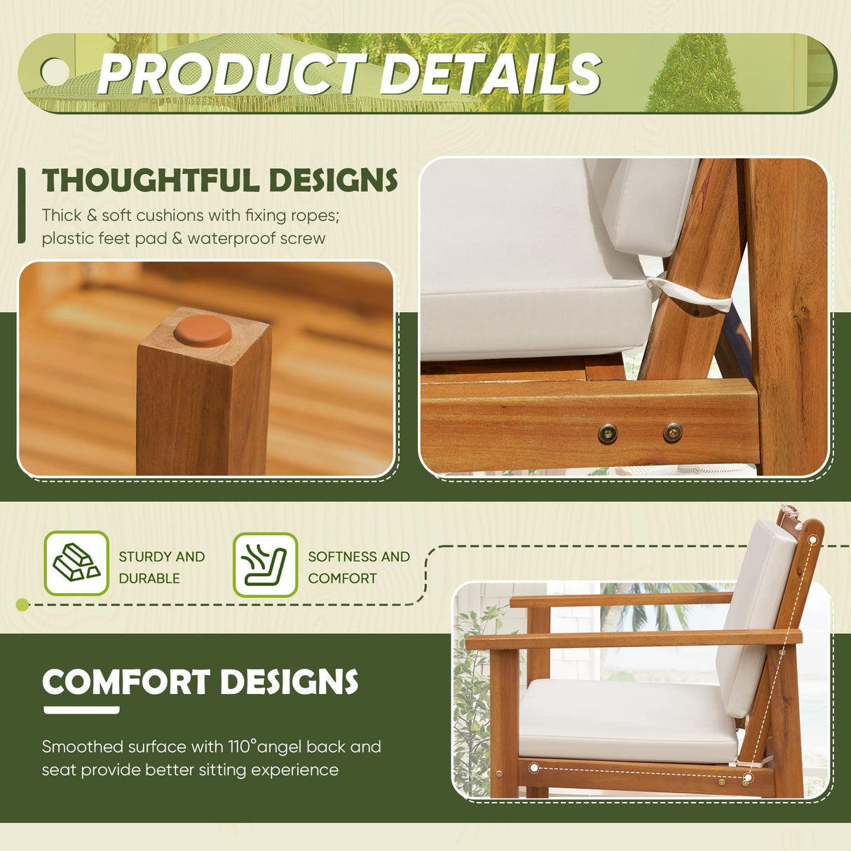 Flamaker Patio Furniture 4 Piece Outdoor Acacia Wood Patio Conversation Sofa Set with Table & Cushions Porch Furniture for Deck, Balcony, Backyard Flamaker