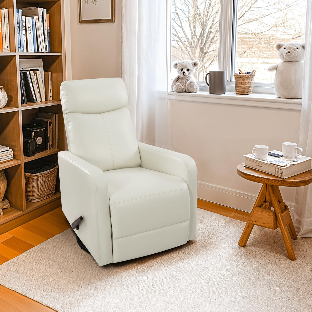 Neioml Swivel Rocking Recliner Chair for Small Space, Manual Swivel Glider Recliner for Nursery,RV,Rocking Recliner with Footrest and Side Pocket,Breathable Leather,Beige Neioml