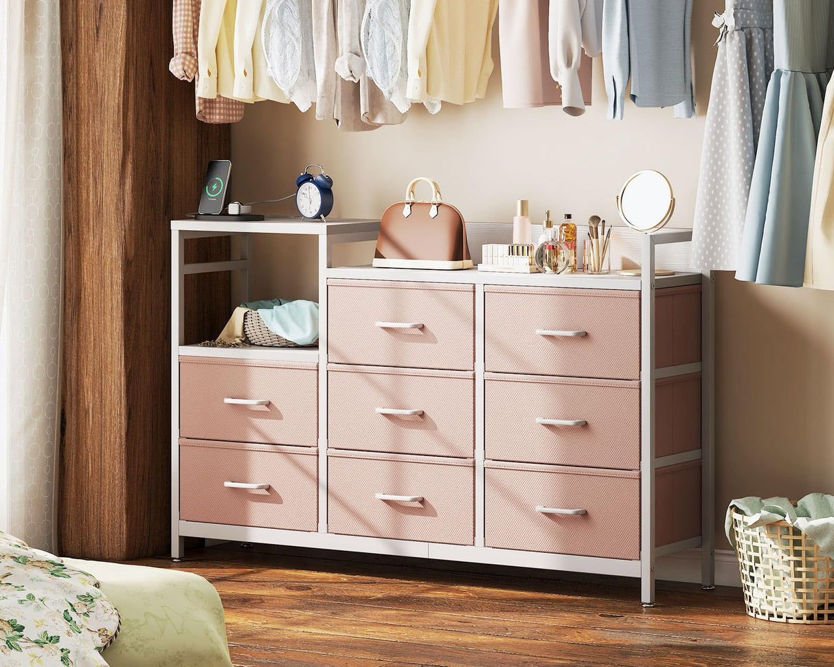 Casaottima Dresser for Bedroom with Charging Station, 52" Long Dresser with 8 Storage Drawers, Large Fabric Dressers Chests of Drawers with Shelves, Pink Casaottima