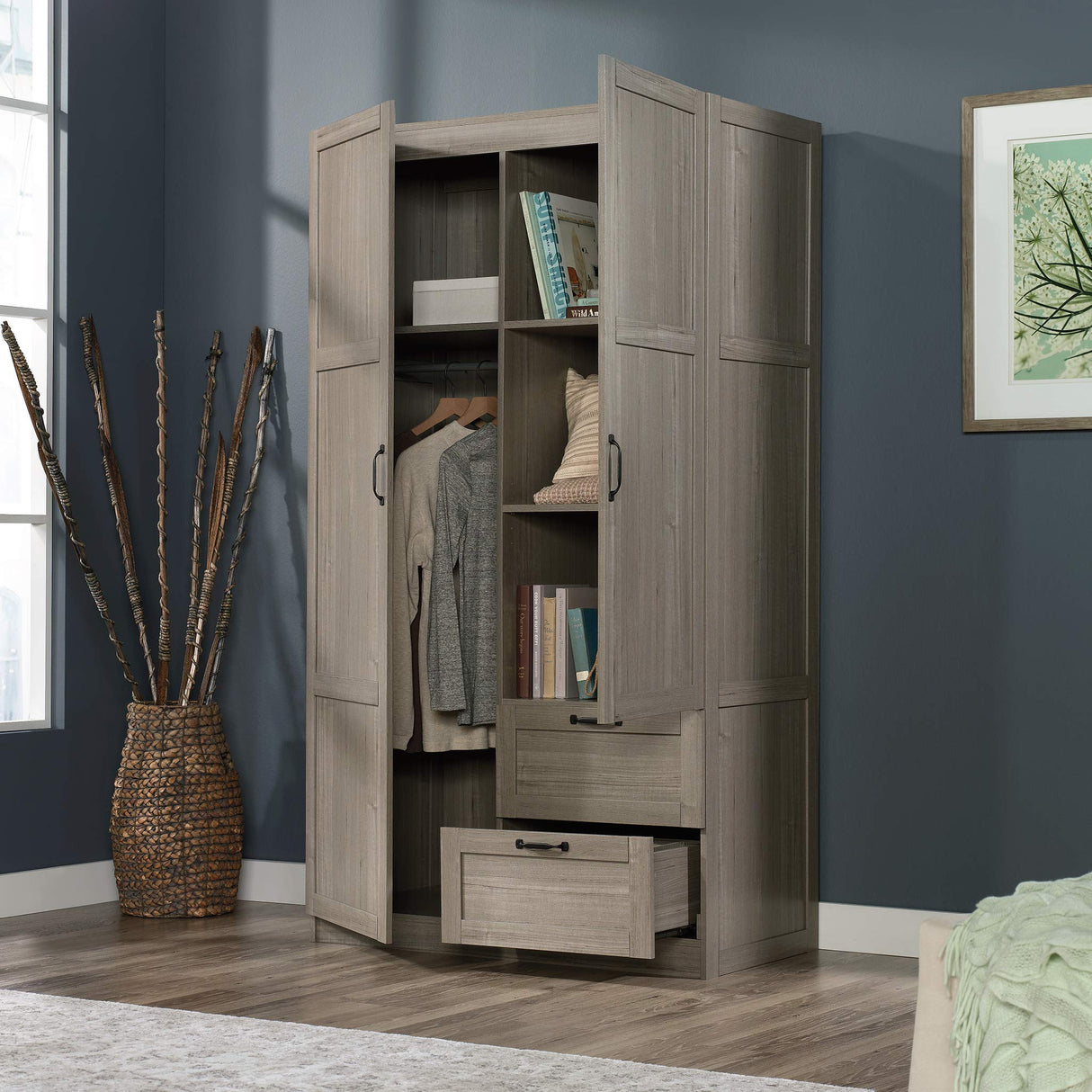Sauder Select Multipurpose Bedroom Armoire Wardrobe Closet Pantry Storage Cabinet with Storage Drawers and Hanging Rail, in Silver Sycamore Sauder
