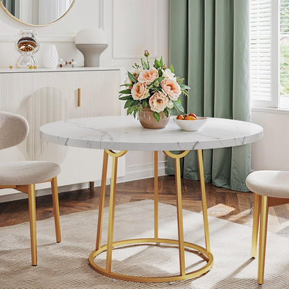 ONBRILL Round Dining Table, 47.24 Inch Kitchen Table for 4 People, Wooden Faux Marble Dinner Room Table with Gold Base for Home Dining Room Kitchen Restaurant - WoodArtSupply