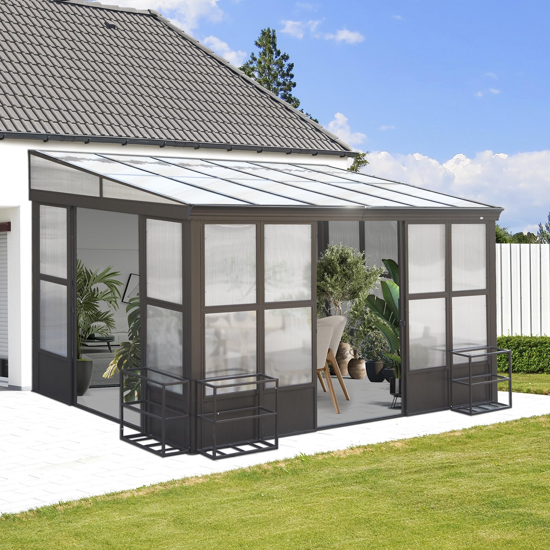 Domi Lean-to Sunroom 10x14FT, Wall Mounted Solarium with Sloping Polycarbonate Roof, Detachable Polycarbonate Screens, 2 Lockable Sliding Doors, Aluminum Gazebo Against Wall Sun Room for Pati - WoodArtSupply