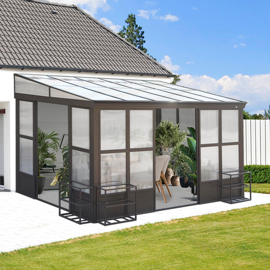 Domi Lean-to Sunroom 10x14FT, Wall Mounted Solarium with Sloping Polycarbonate Roof, Detachable Polycarbonate Screens, 2 Lockable Sliding Doors, Aluminum Gazebo Against Wall Sun Room for Pati - WoodArtSupply