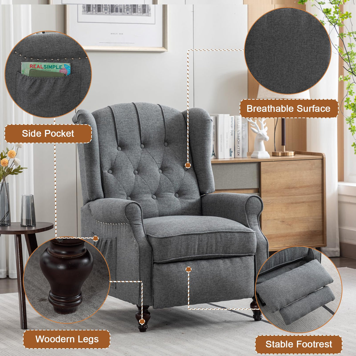 Oprisen Push Back Recliner Mid-Century Modern Accent Chair Single Reading Chair Tufted Button Arm Chair for Living Room w/Heat Massage/Side Pockets (1 PC, Gray) Oprisen