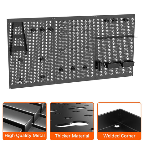 TORACK 3 PCS Metal Pegboard Panels for Garage Wall Utility Tools Storage Pegboard for Workbench, Modular Peg Board Tool Organizer Board Kit(Pack of 3, Black) TORACK