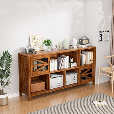 DUDUSHIMAN 8 Cube Storage Organizer Bookshelf with 2 Doors, 2-Tier Mid Century Modern Bookcase, 63" Long Horizontal Cubby Shelf, Wood Bookcase for Small Spaces Living Room