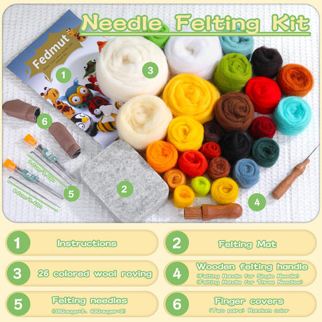 Fedmut Needle Felting Kit - 13Pcs Needle Felting Kit for Beginners with Wool Roving, Felting Pad, Felting Needles for Starters DIY Craft Animal Home Deco Birthday Gift Fedmut