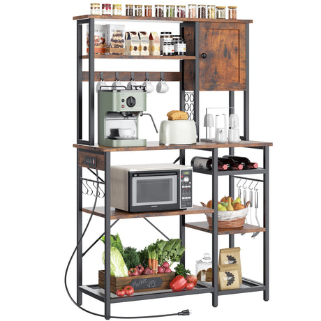 Decofy Bakers Rack with Power Outlet - Microwave Stand with Storage, Large Coffee Bar with K Cups Holder, 5 Tiers Metal Kitchen Shelves Rack, 39.37 x 15.75 x 63 Inches, Brown Decofy