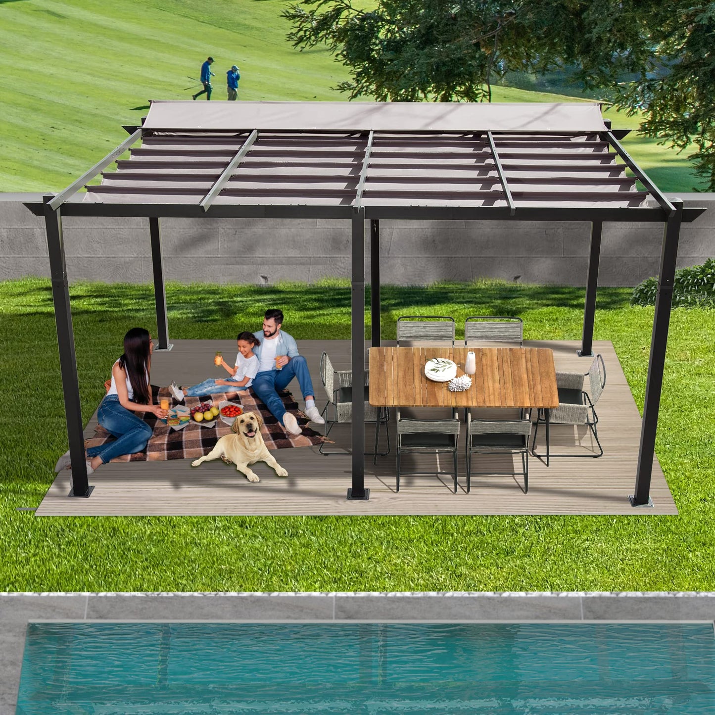 Domi 11’ X 16’ Outdoor Retractable Pergola with Weather-Resistant Canopy Aluminum Garden Pergola Patio Grill Gazebo for Courtyard