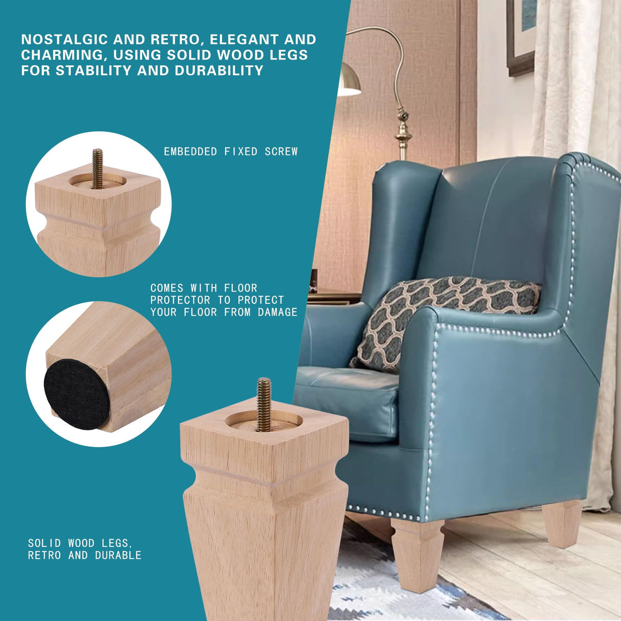 Square Wood Furniture Legs Set of 4 - Wooden Replacement Feet for Couch, Bed, Bench, Dresser, Rubber Wood Parts for Table, Sofa, Wooden Legs Chairs Complete with Installation Hardware, 6 inch Natural Texphw