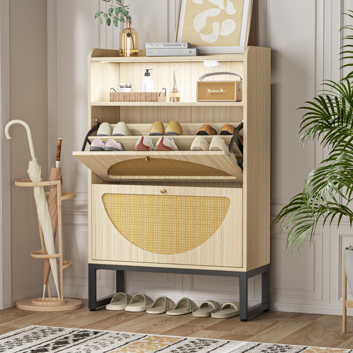 FiveWillowise Shoe Storage Cabinet, Rattan Shoe Cabinet with 2 Flip Drawers & Sensor Light for Entryway, Narrow Free Standing Shoe Racks for Entryway, Hallway, Home, Beige FiveWillowise