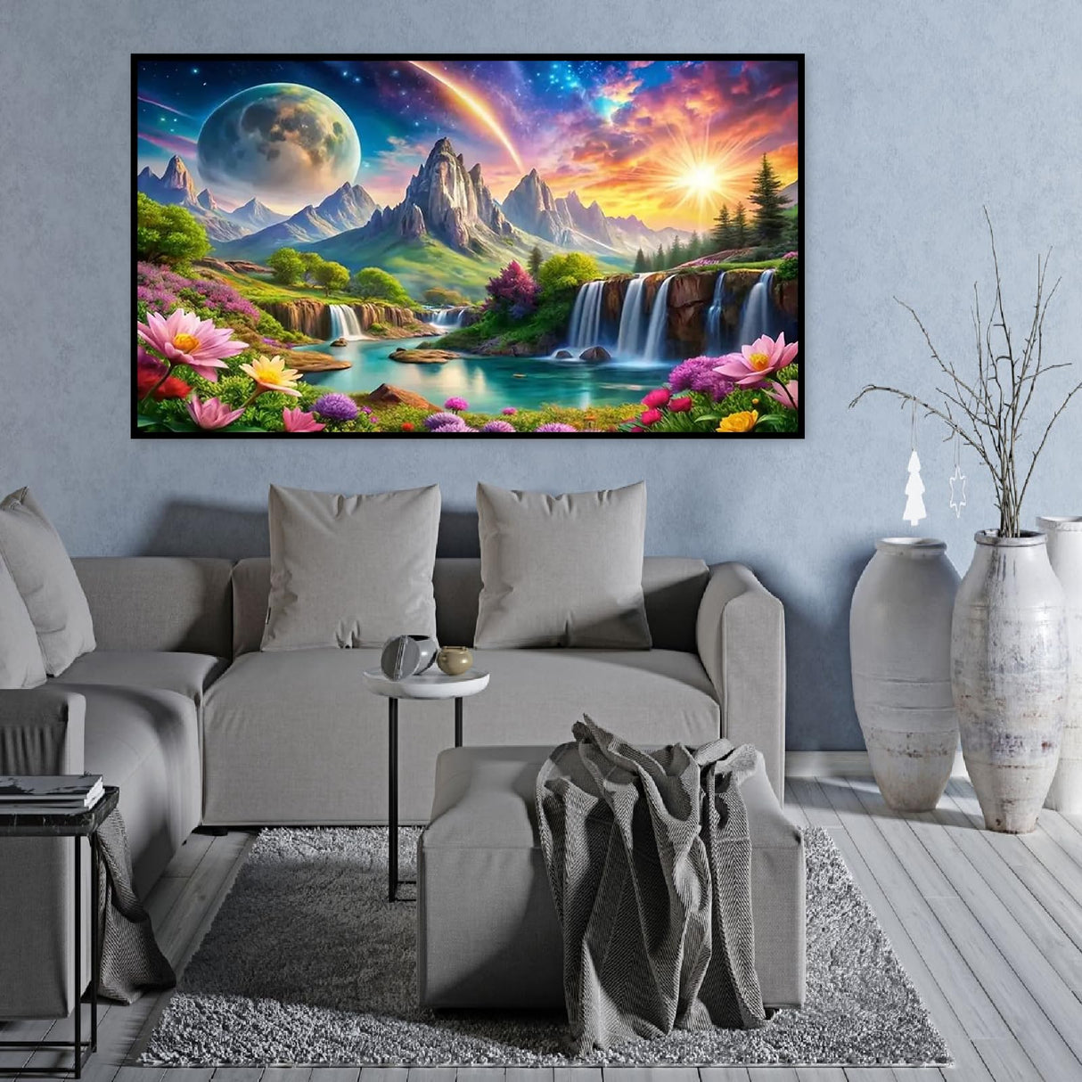 large diamond art kits for adults,Landscape Spring Diamond Painting for Adults Beginner,DIY Moon Sun Mountain Waterfall Painting with Full Drill Diamond Art and Crafts Home Wall Decor 27.5 X 15.7inch pchmcu